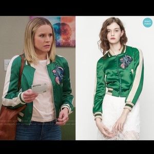 Maje Women's Green Embroidered Stretch-satin Bomber Jacket Size 1